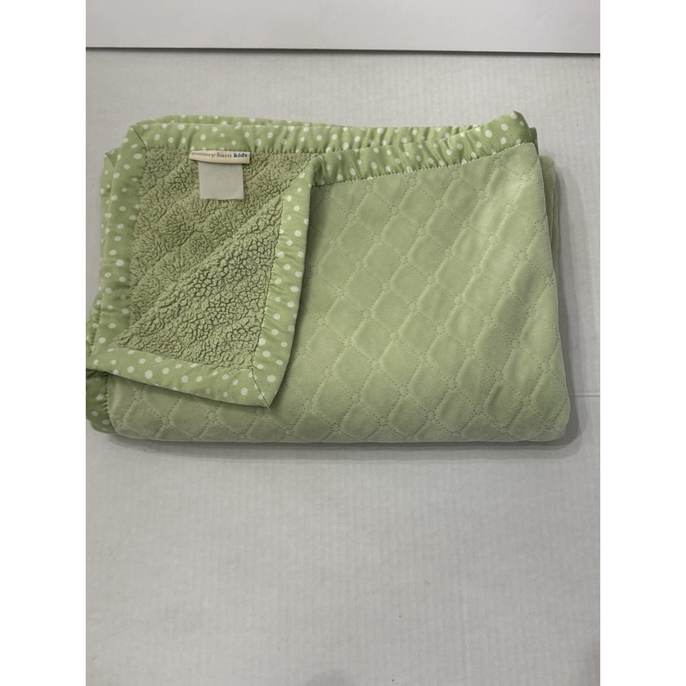Pottery Barn Kids Sage Green Baby Blanket Embossed Diamonds Polka Dot Satin Trim